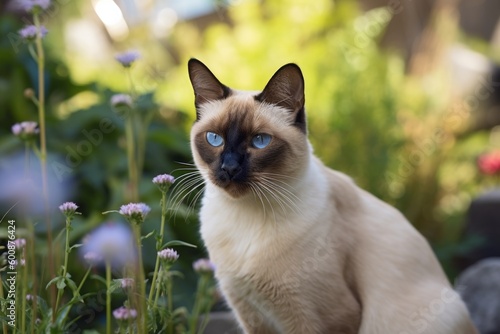 Group portrait photography of a smiling siamese cat back-arching against a garden backdrop. With generative AI technology © Markus Schröder
