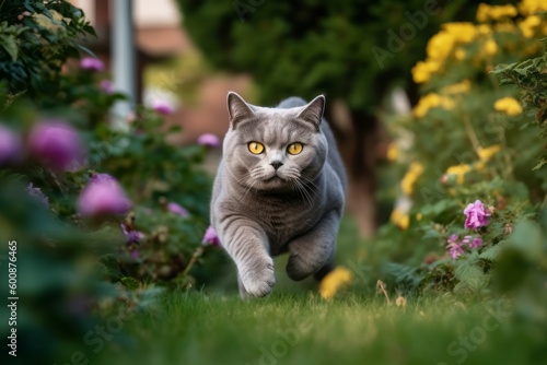 Medium shot portrait photography of a curious british shorthair cat sprinting against a garden backdrop. With generative AI technology