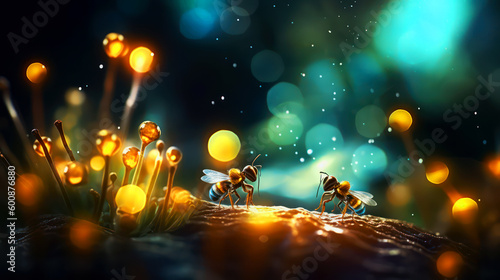 Magical bokeh effect image of fireflies dancing in the dark  with the blurred background creating an enchanting atmosphere  Decorative Background. AI Generated