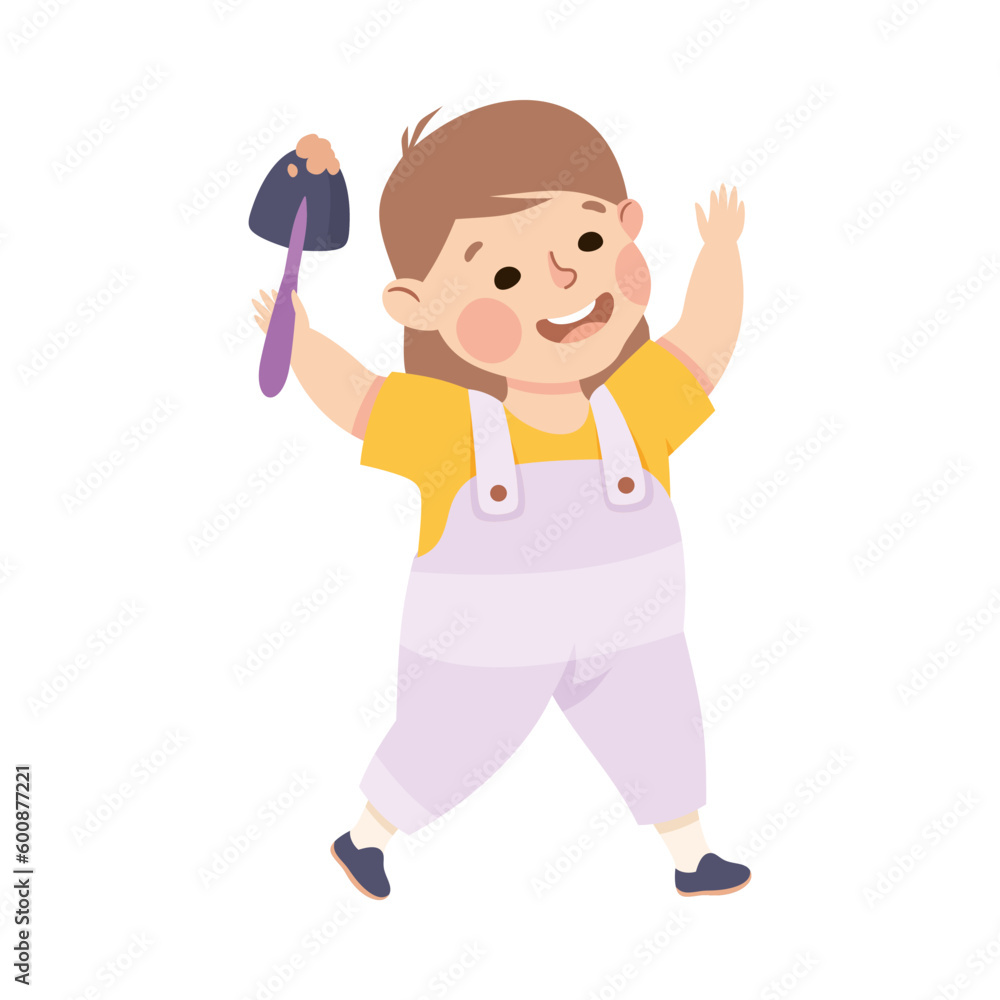 Joyful little girl holding scoop. Happy kid playing toys cartoon vector illustration