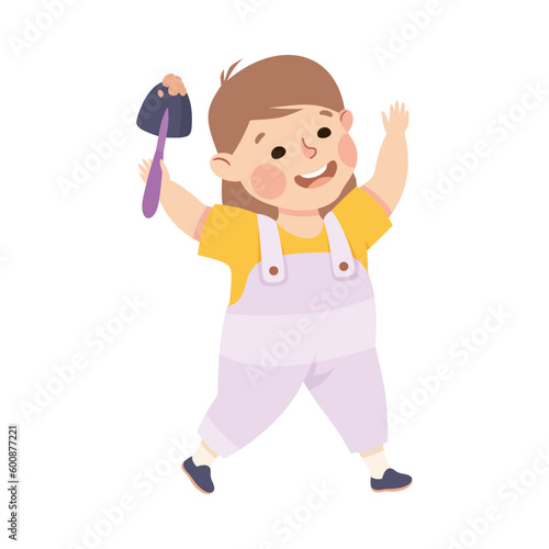 Joyful little girl holding scoop. Happy kid playing toys cartoon vector illustration