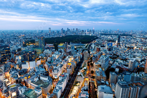 Aerial View of Shibuya, Japan with the Shinjuku skyline in the background