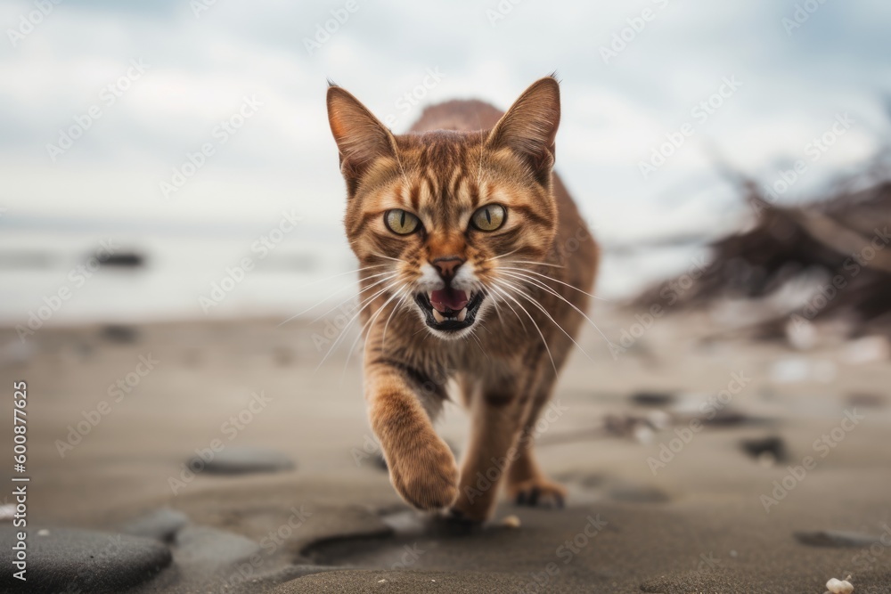 Environmental portrait photography of an angry abyssinian cat running against a serene beach. With generative AI technology Environmental portrait photography of an angry abyssinian cat running against a serene beach. With generative AI technology