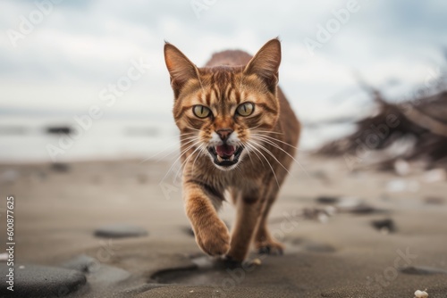 Environmental portrait photography of an angry abyssinian cat running against a serene beach. With generative AI technology