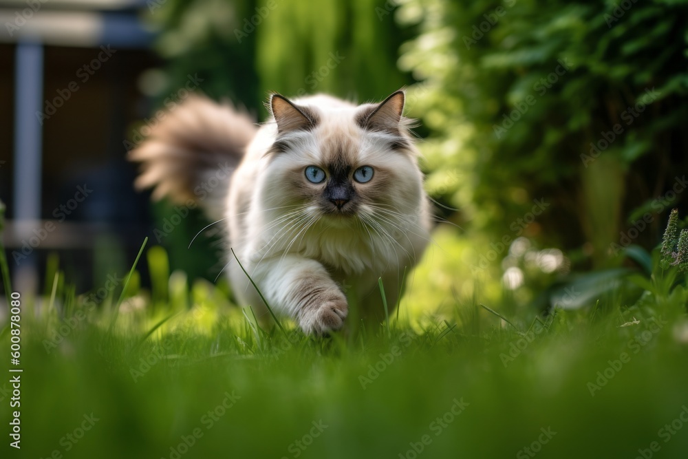 Group portrait photography of a curious ragdoll cat hopping against a lush green lawn. With generative AI technology