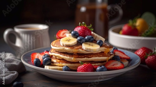  Stack of delicious pancakes with fresh berries for breakfast in plate on wooden table. AI generated