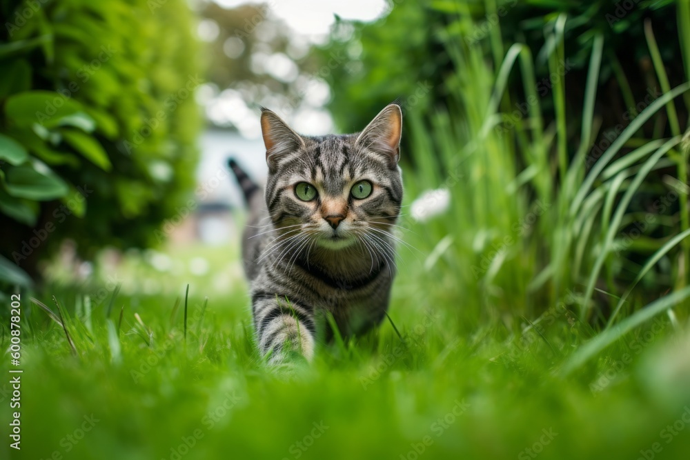 Medium shot portrait photography of a happy american shorthair cat climbing against a lush green lawn. With generative AI technology