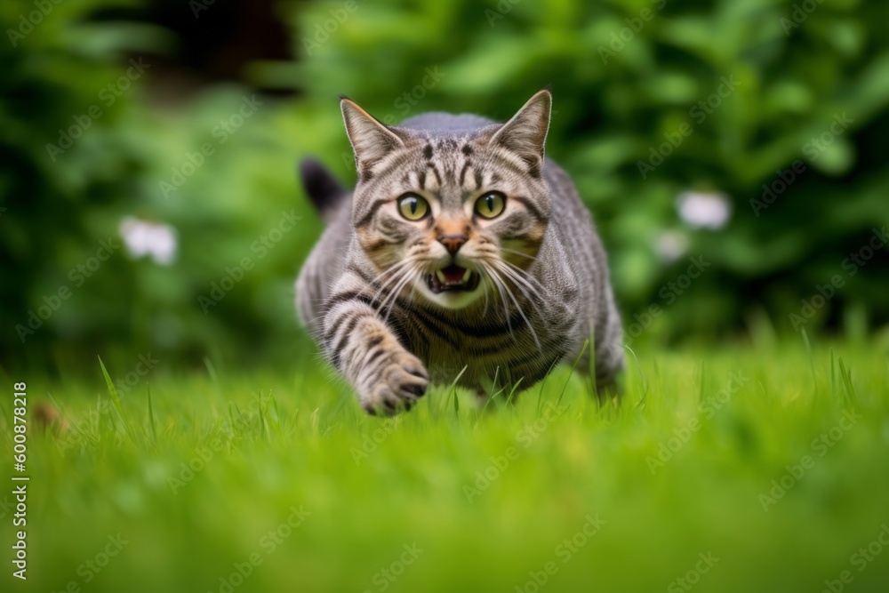 Group portrait photography of a happy american shorthair cat pouncing against a lush green lawn. With generative AI technology Group portrait photography of a happy american shorthair cat pouncing against a lush green lawn. With generative AI technology