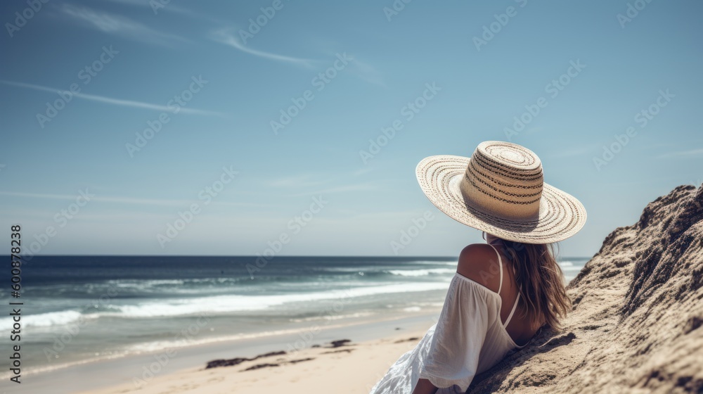 Young woman in hat and white dress sitting on the beach and looking at the sea, Generative AI Young woman in hat and white dress sitting on the beach and looking at the sea, Generative AI