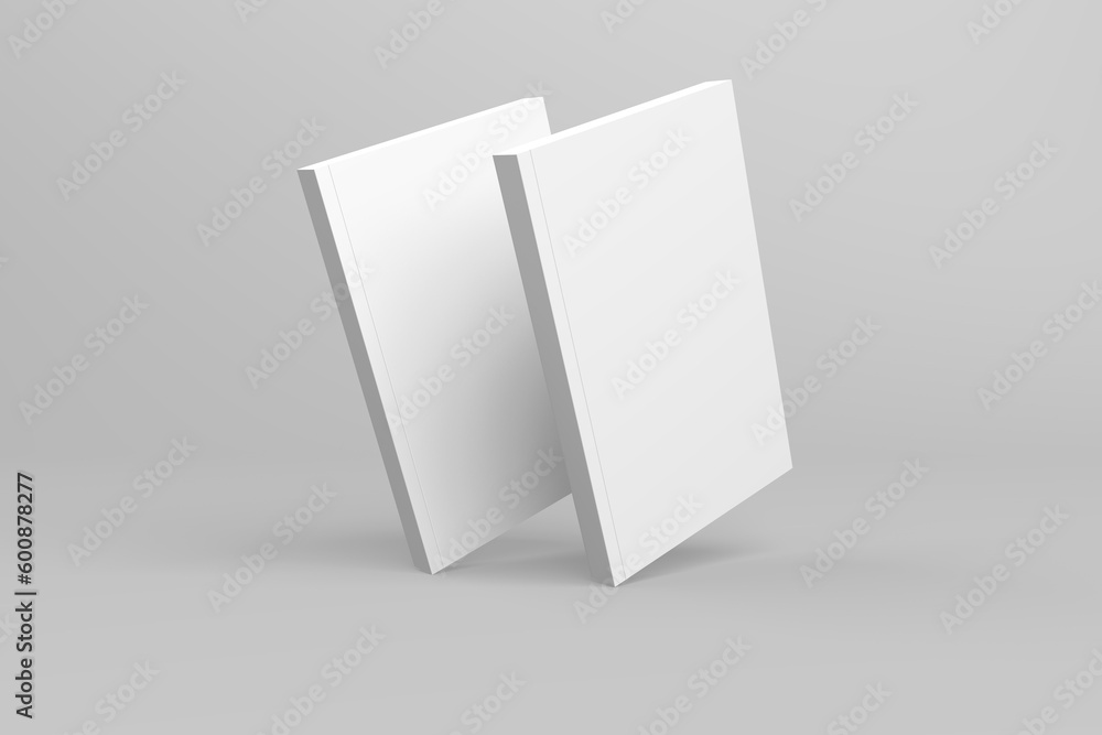 2 softcover book mockups are standing on a gray background, designed with 3D render visual effects that are indistinguishable from reality. A mockup, with flashy white covers resembling a real book. 2 softcover book mockups are standing on a gray background, designed with 3D render visual effects that are indistinguishable from reality. A mockup, with flashy white covers resembling a real book.