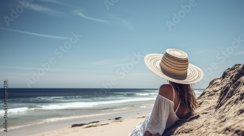 Young woman in hat and white dress sitting on the beach and looking at the sea, Generative AI