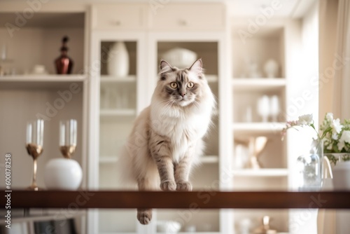 Lifestyle portrait photography of a curious ragdoll cat climbing against a chic dining room. With generative AI technology photo