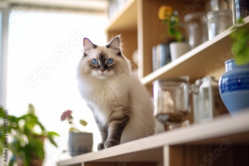 Lifestyle portrait photography of a curious ragdoll cat climbing against a chic dining room. With generative AI technology