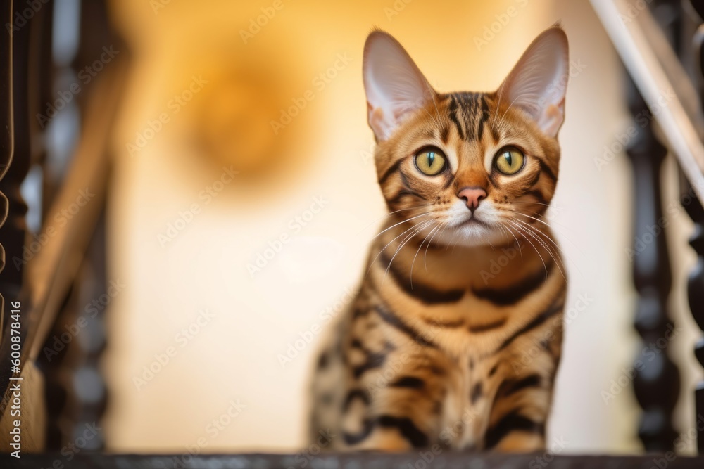Lifestyle portrait photography of a curious bengal cat climbing against a decorative staircase. With generative AI technology