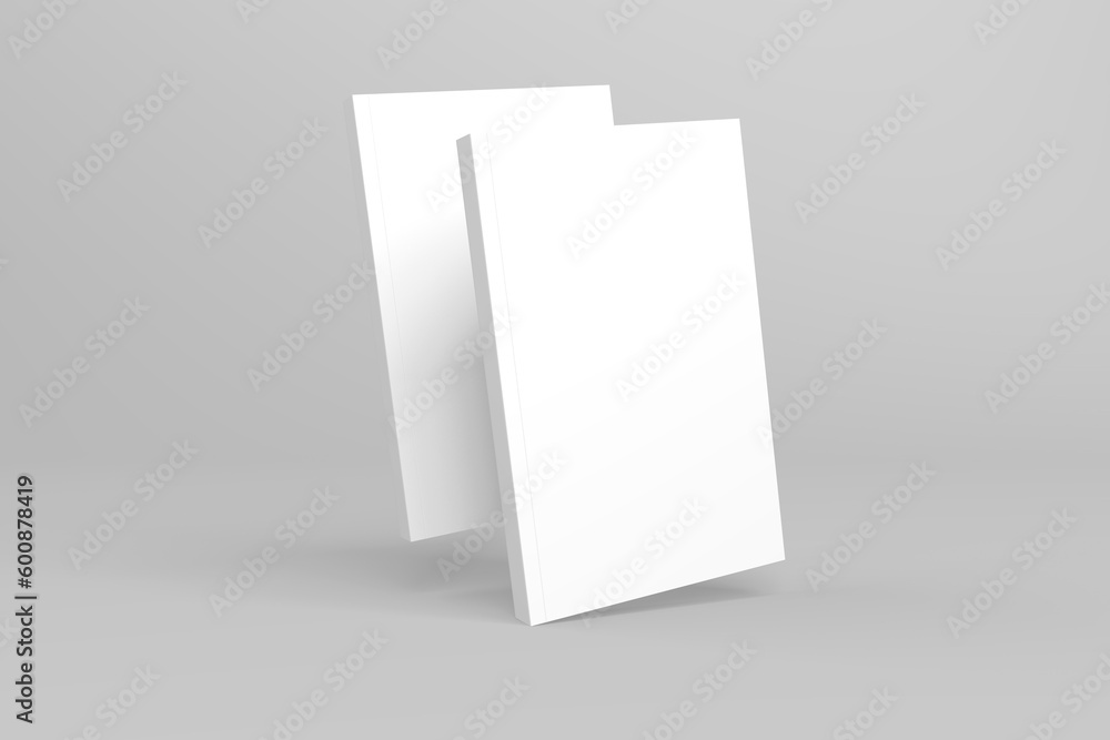 2 softcover book mockups are standing on a gray background, designed with 3D render visual effects that are indistinguishable from reality. A mockup, with flashy white covers resembling a real book. 2 softcover book mockups are standing on a gray background, designed with 3D render visual effects that are indistinguishable from reality. A mockup, with flashy white covers resembling a real book.