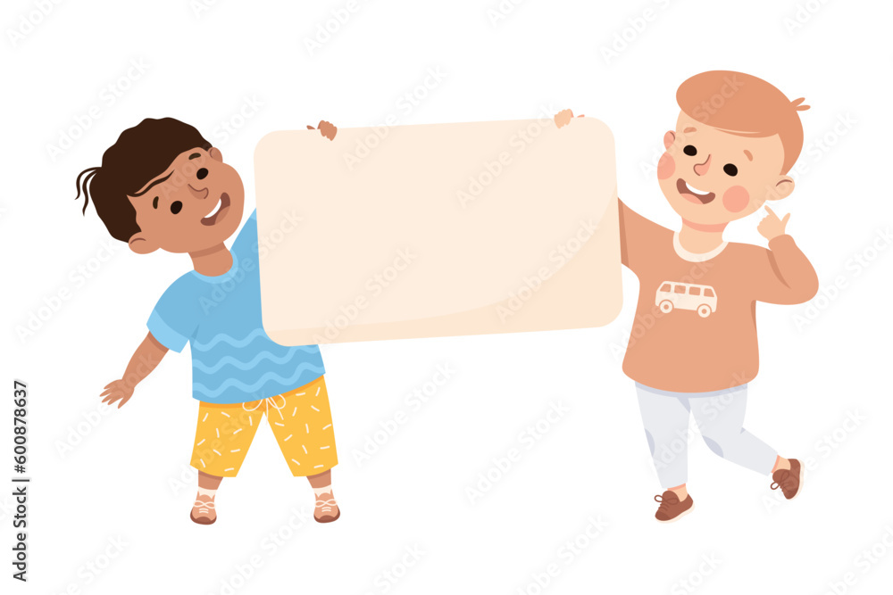 Happy Boy Holding Banner or Poster with Empty Space Vector Illustration Happy Boy Holding Banner or Poster with Empty Space Vector Illustration