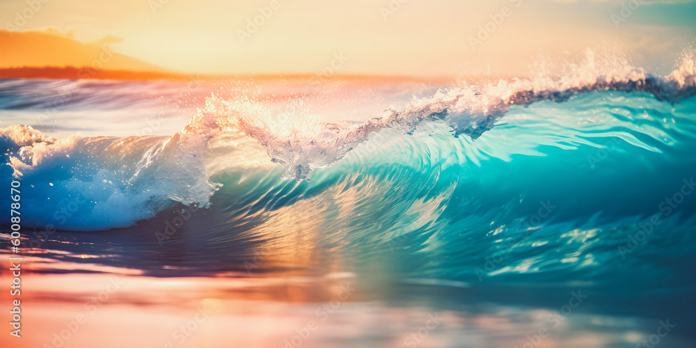 Clear blue ocean waves on a white sandy beach during sunset, soft focus background with copyspace - generative AI