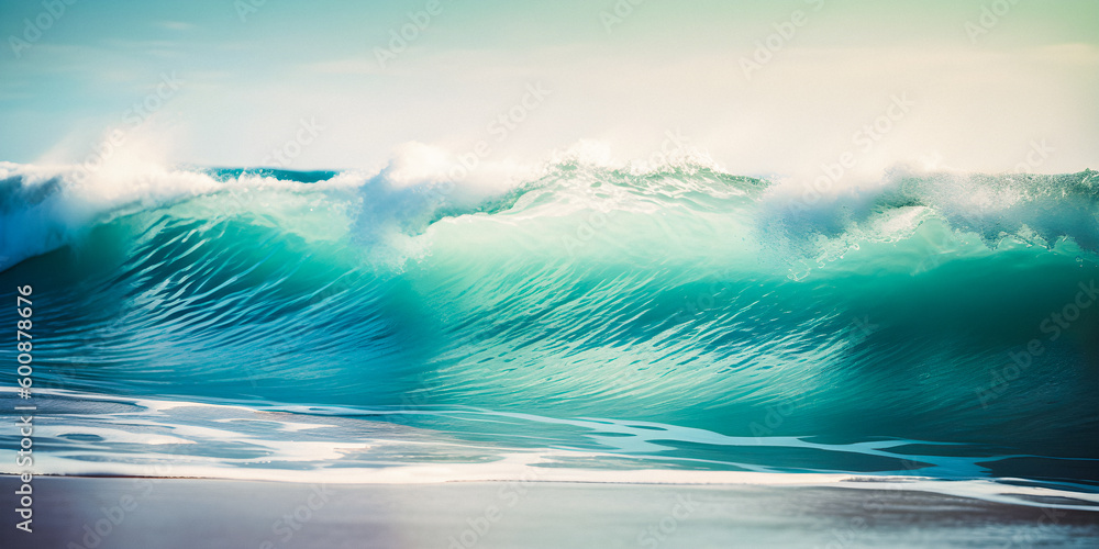 Clear blue ocean waves on a white sandy beach during sunset, soft focus background with copyspace - generative AI