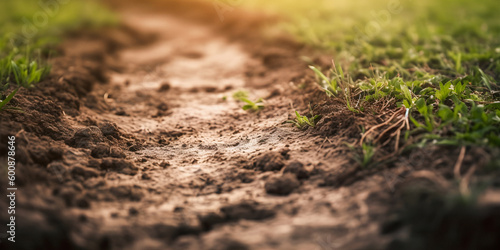 Close up of freshly ploughed soil with hatched seeds, small plants, new life, soft focus background with copyspace - generative AI