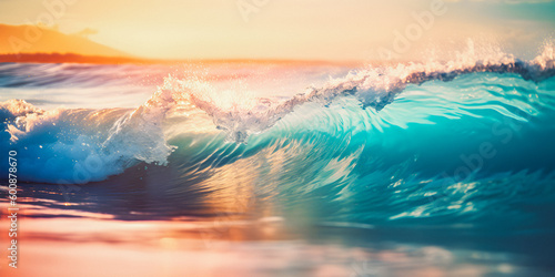 Clear blue ocean waves on a white sandy beach during sunset  soft focus background with copyspace - generative AI