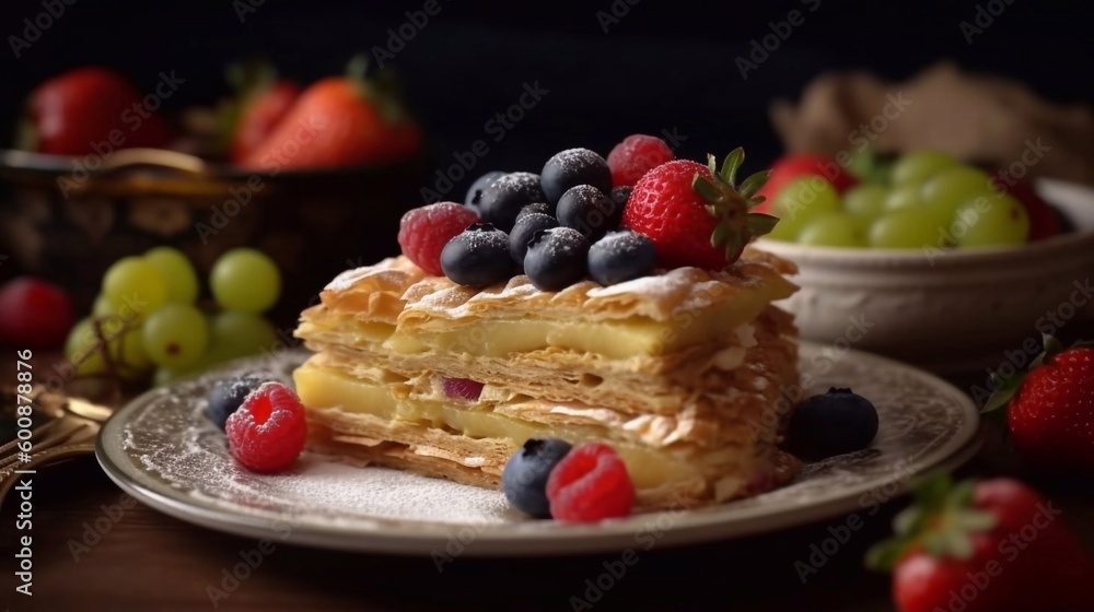 Slice of Napoleon cake, served with berries on plate. AI generated Slice of Napoleon cake, served with berries on plate. AI generated