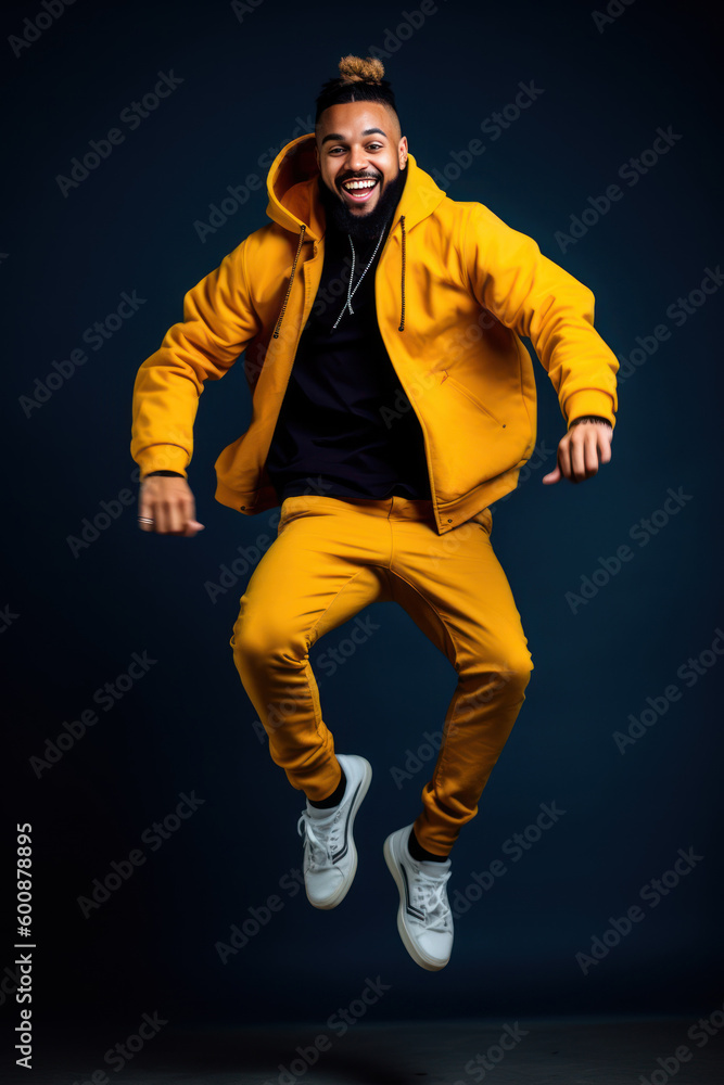 Full length portrait of a young african american man jumping against black background, Generative AI Full length portrait of a young african american man jumping against black background, Generative AI