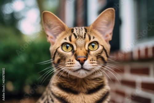 Headshot portrait photography of a smiling savannah cat begging for food against an appealing front porch. With generative AI technology © Markus Schröder