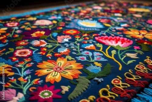 Vibrant hand made quilts with stylized Hungarian motifs like flowers, birds or village scenes. Focus on the handcrafted textiles that bring Hungarian folk designs into homes. Generative AI