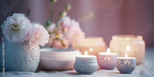Candles with flowers, pink pastel dream atmosphere, spa environment, soft focus background with copyspace - generative AI