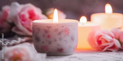Burning candles in a spa environment, dreamy atmosphere, soft focus background with copyspace - generative AI