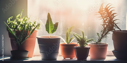 Clay ceramic pottery with green plants in bright sunlight, background with copyspace - generative AI
