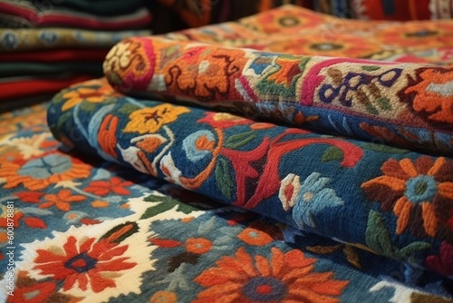 Vibrant hand made quilts with stylized Hungarian motifs like flowers, birds or village scenes. Focus on the handcrafted textiles that bring Hungarian folk designs into homes. Generative AI