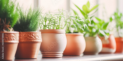 Clay ceramic pottery with green plants in bright sunlight, background with copyspace - generative AI