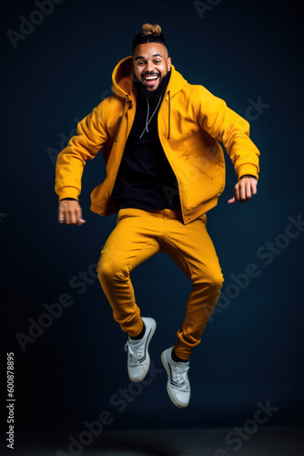 Full length portrait of a young african american man jumping against black background, Generative AI