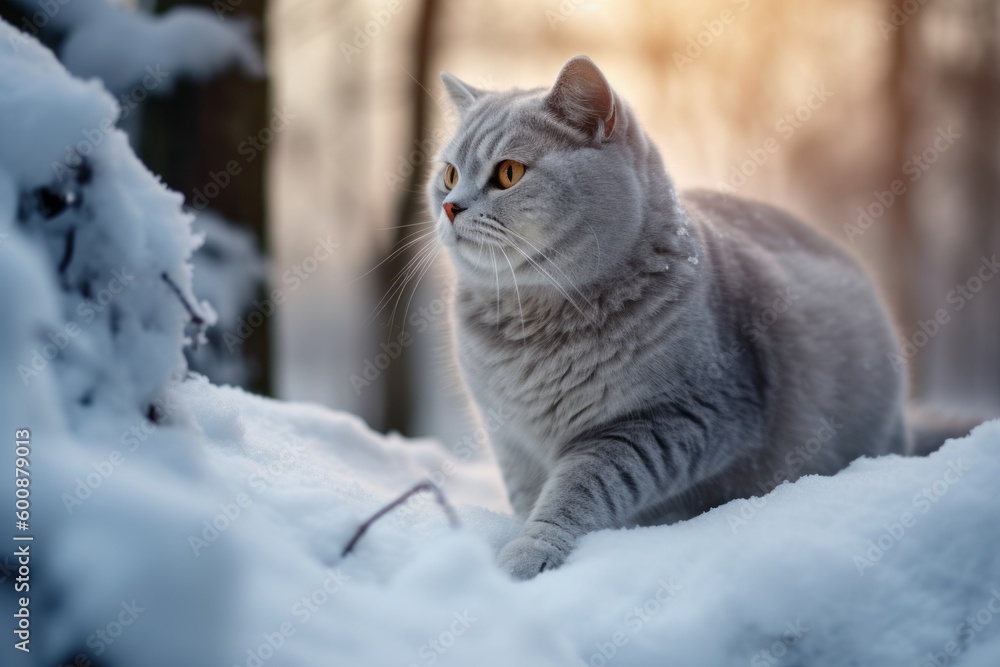 Medium shot portrait photography of a curious british shorthair cat scratching against a snowy winter scene. With generative AI technology