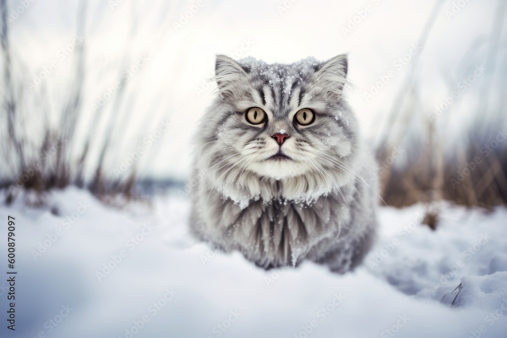Medium shot portrait photography of a happy selkirk rex cat crouching against a snowy winter scene. With generative AI technology