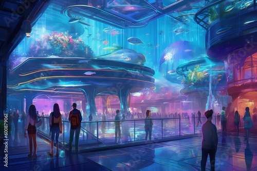 Concept art of imagined Gen Z future worlds like underwater social media bases, space-faring media studios, metaverse brand activations or virtual shopping malls. Generative AI