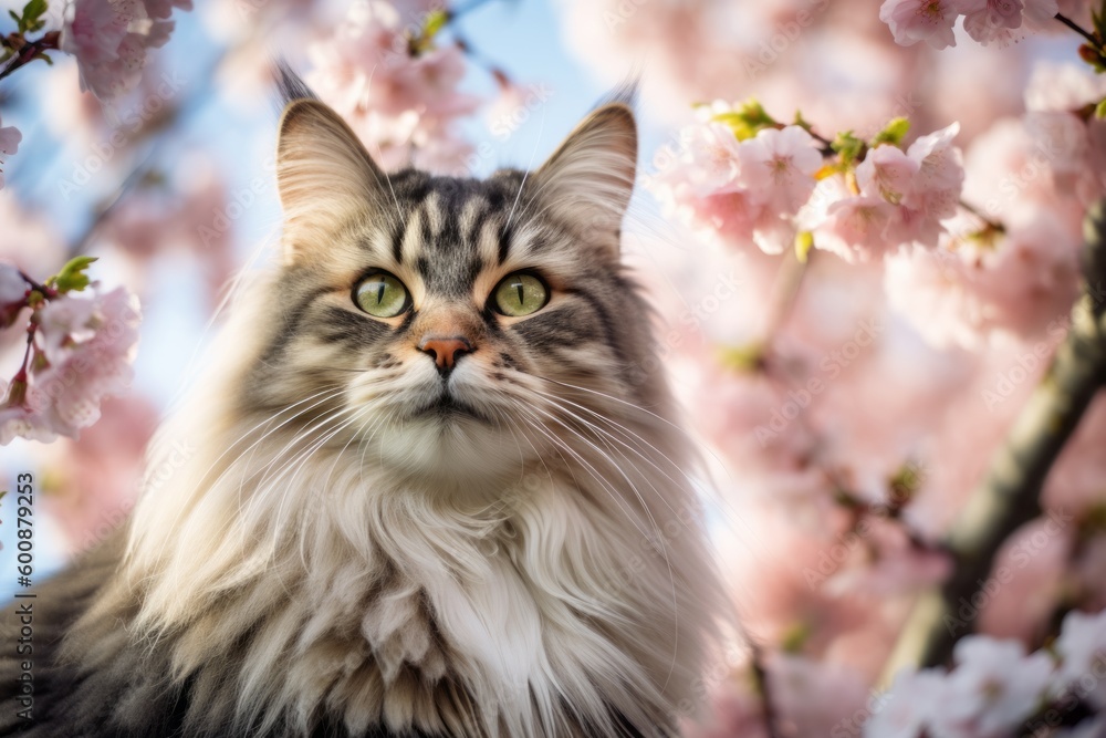 Headshot portrait photography of a smiling siberian cat whisker twitching against a blooming spring garden. With generative AI technology