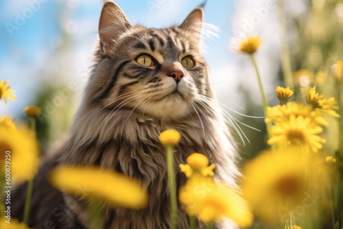 Headshot portrait photography of a smiling siberian cat whisker twitching against a blooming spring garden. With generative AI technology