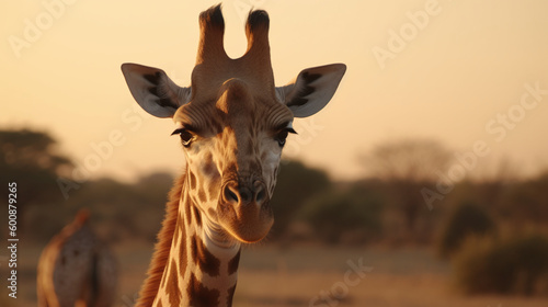 Immerse yourself in the serenity of the savannah as you admire a solitary giraffe against the backdrop of a breathtaking sunset, a harmonious blend of colors and textures that speaks to the soul.