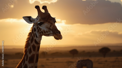 Immerse yourself in the serenity of the savannah as you admire a solitary giraffe against the backdrop of a breathtaking sunset, a harmonious blend of colors and textures that speaks to the soul.