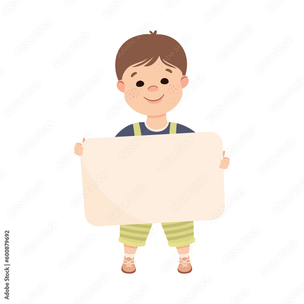 Happy Boy Holding Banner or Poster with Empty Space Vector Illustration Happy Boy Holding Banner or Poster with Empty Space Vector Illustration