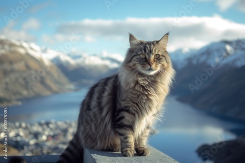 Full-length portrait photography of a happy siberian cat whisker twitching against a scenic mountain view. With generative AI technology © Markus Schröder