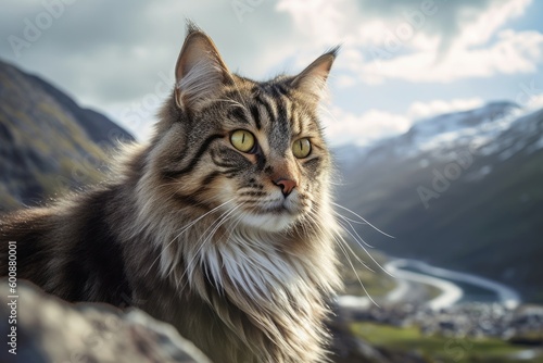 Close-up portrait photography of a happy norwegian forest cat exploring against a scenic mountain view. With generative AI technology © Markus Schröder