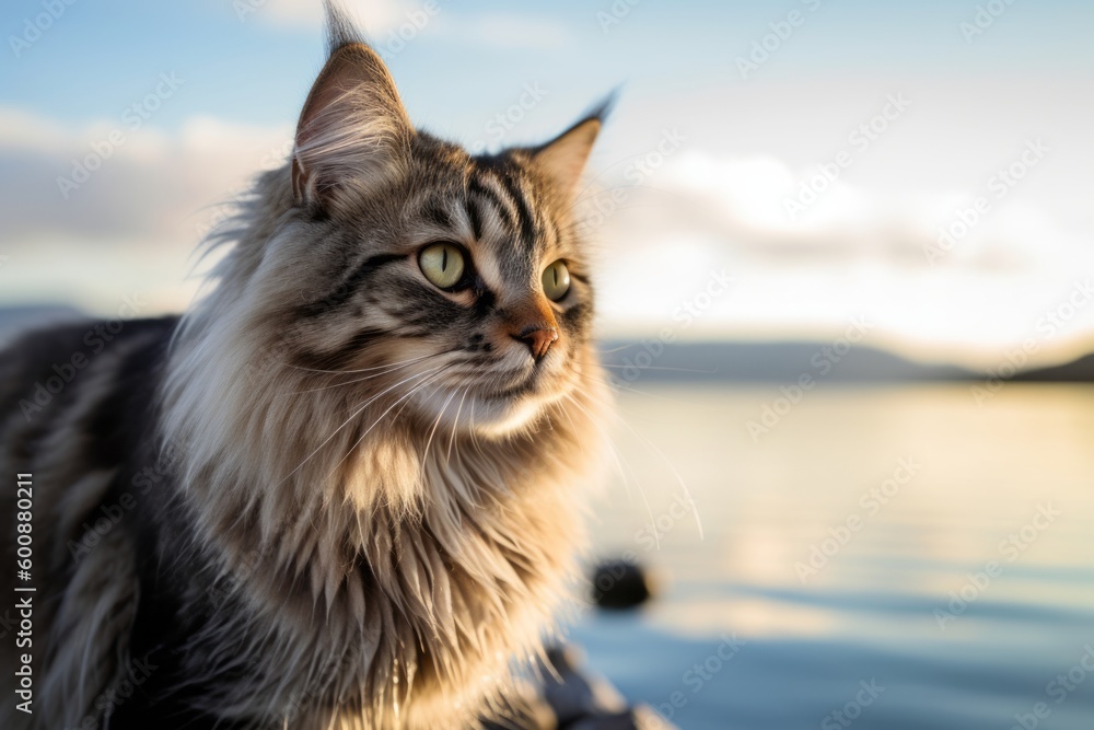 Medium shot portrait photography of a scared siberian cat back-arching against a tranquil lake. With generative AI technology Medium shot portrait photography of a scared siberian cat back-arching against a tranquil lake. With generative AI technology