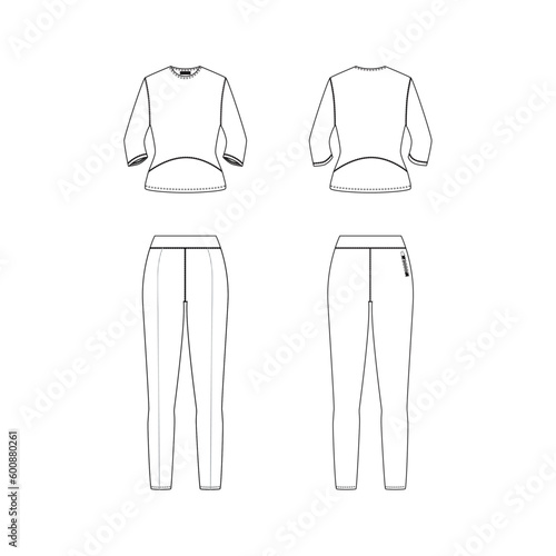 Womens sport set t-shirt with crew neck and pants technical cad mockup template front and back views