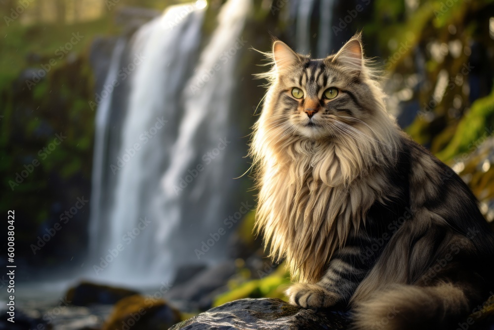 Headshot portrait photography of a happy siberian cat playing against a majestic waterfall. With generative AI technology