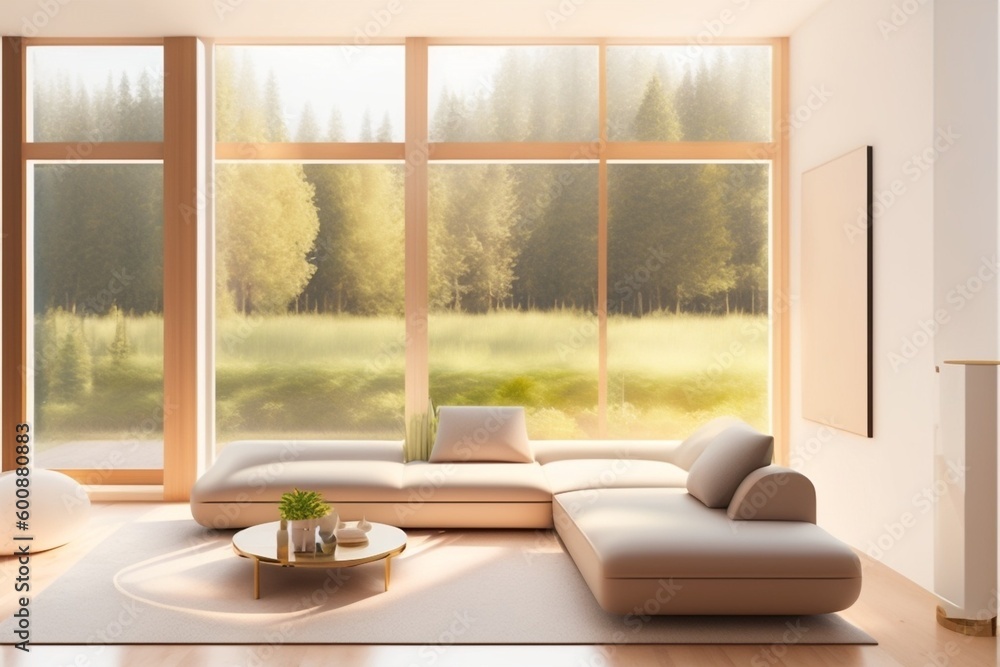 Fototapeta premium Illustration of modern light apartment with big windows created with Generative AI technology.