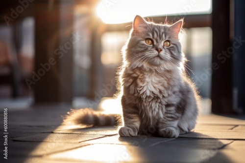 Group portrait photography of a happy selkirk rex cat whisker twitching against a sunlit patio. With generative AI technology