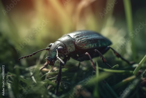 Beetle on green grass, close up macro view. Generative AI © marcin jucha